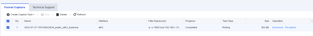 หน้า Packet Capture แสดง Task ที่ Capture เสร็จแล้ว (Completed) พร้อมปุ่ม Download และ Recapture