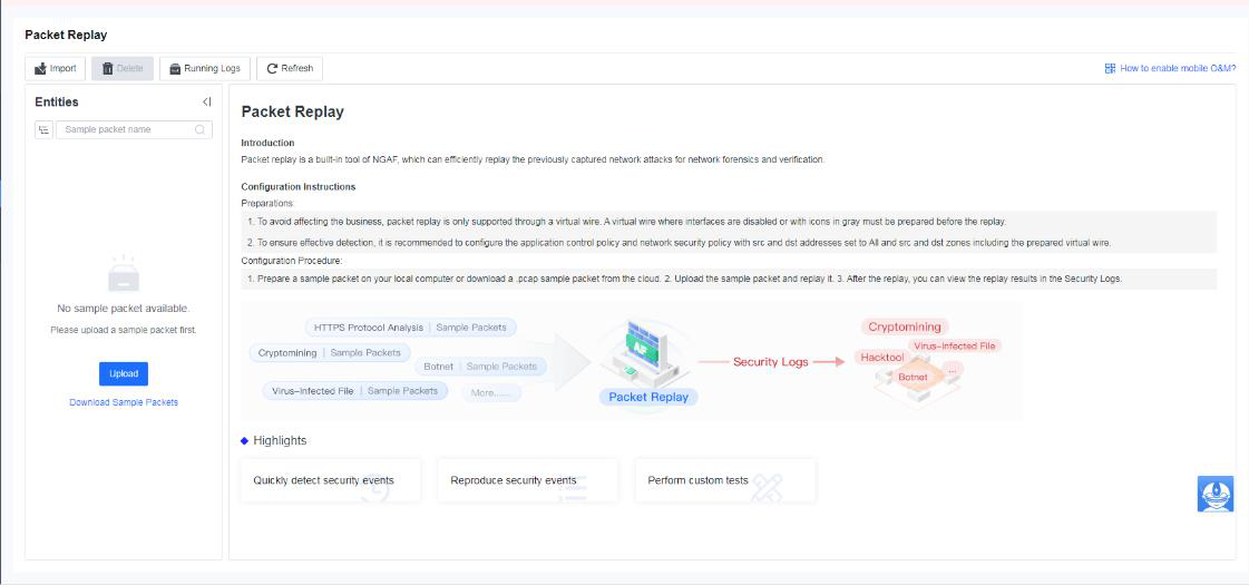 หน้า Packet Replay บน NGAF แสดง Entries panel, Configuration Instructions, Replay Targets diagram (HTTP Process Analysis, Cryptomining, Phishing, Virus from Files, Visual Display, Security Logs, Hacking) และ Highlights