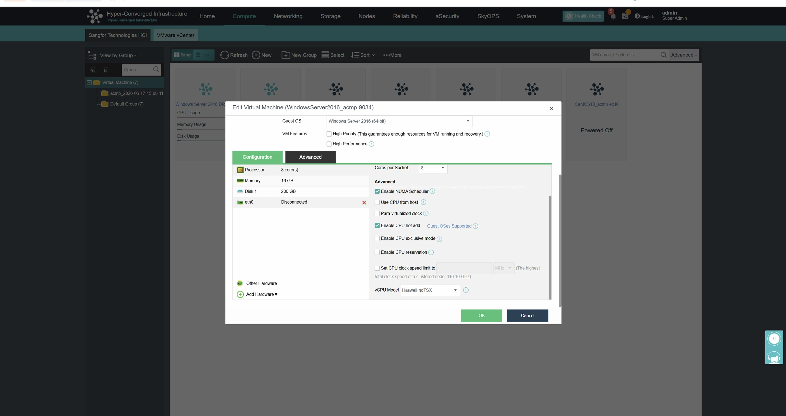 หน้า Edit Virtual Machine แท็บ Advanced เปิด Enable CPU hot add
