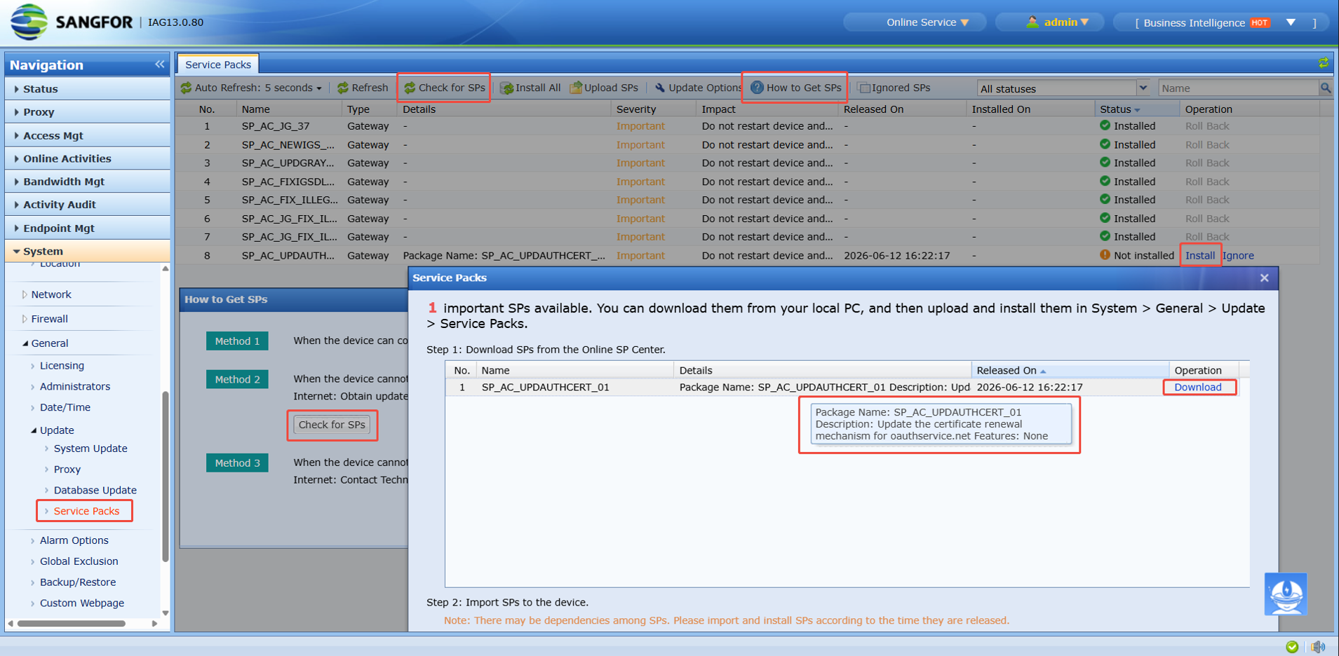 หน้า Service Packs แสดง SP_AC_UPDAUTHCERT_01 และปุ่ม Check for SPs / How to Get SPs