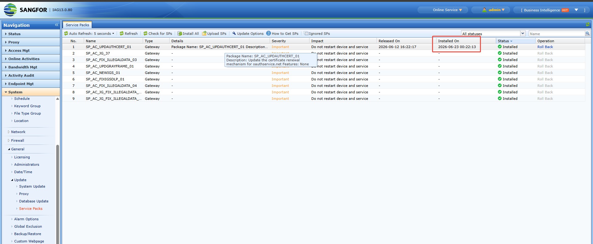 SP_AC_UPDAUTHCERT_01 ติดตั้งสำเร็จ สถานะ Installed