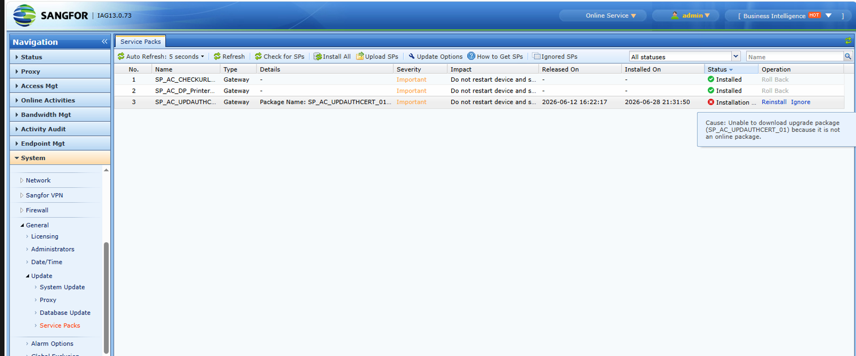 การติดตั้ง SP ล้มเหลว สถานะ Installation failed