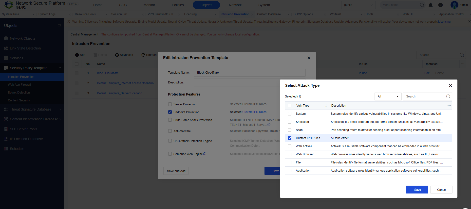 Edit Intrusion Prevention Template Block Cloudflare: ติ๊ก Endpoint Protection แล้วเลือก Custom IPS Rules