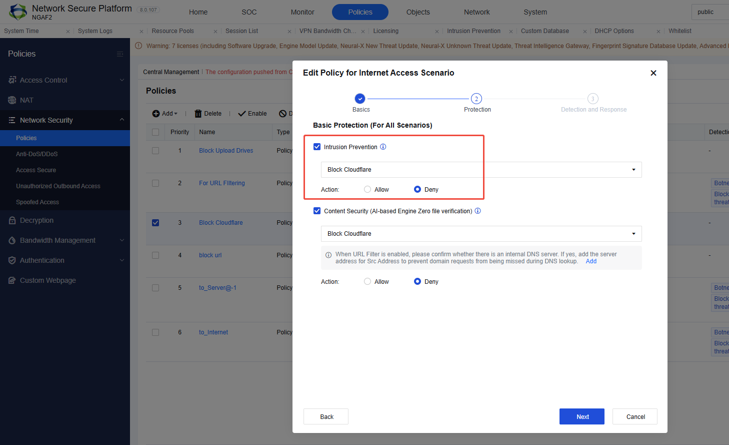 Edit Policy Block Cloudflare: Basic Protection ติ๊ก Intrusion Prevention = Block Cloudflare, Action = Deny