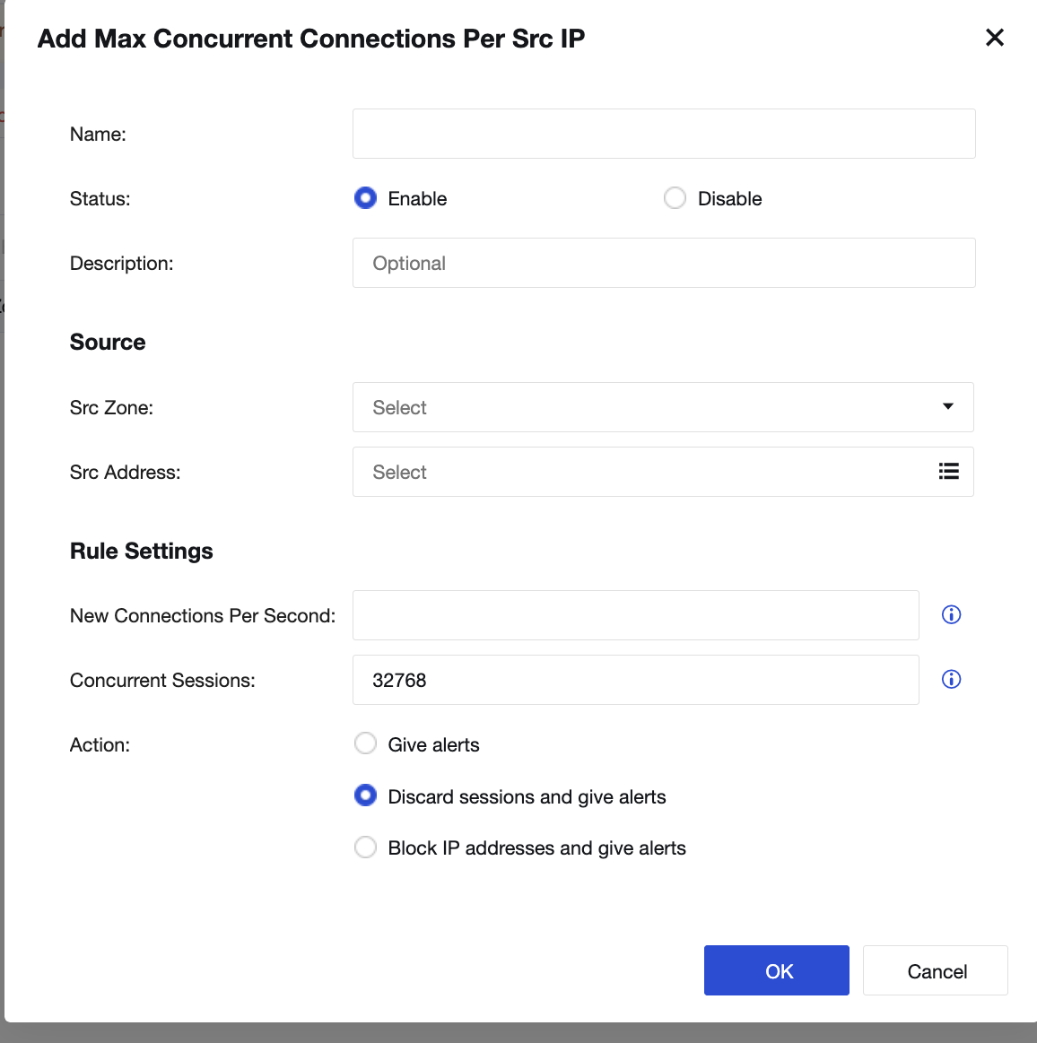 หน้าตั้งค่า Connection Control จำกัด Concurrent Sessions และ New Connections Per Second ต่อ IP