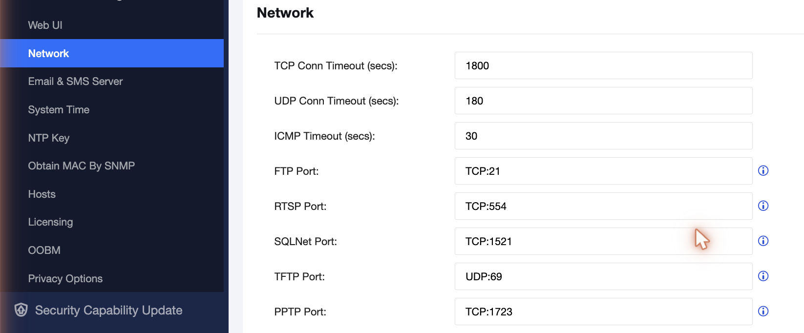 หน้าตั้งค่า Connection Timeout ที่ System > Network บน Sangfor Athena NGFW
