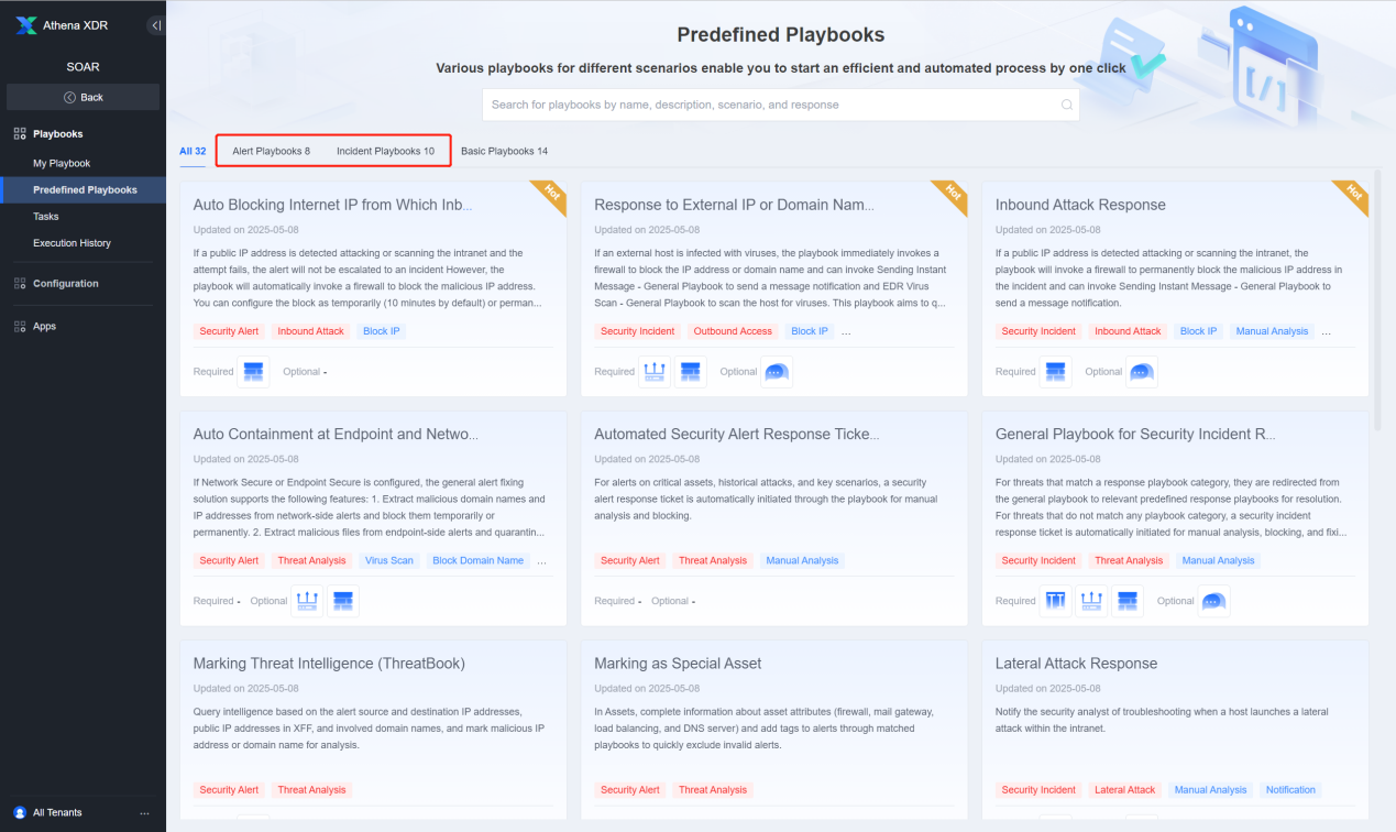 หน้า Predefined Playbooks — Playbook สำเร็จรูปทั้งหมด 32 ชุด (Alert 8, Incident 10, Basic 14)