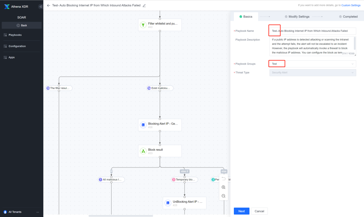 หน้าตั้งค่าพื้นฐาน (Basic Configuration) หลัง Clone — ตั้ง Playbook Name, Groups; Threat Type = Security Alert