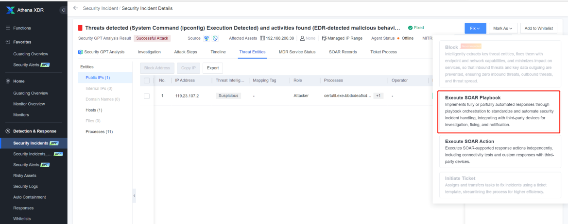 คลิก Fix แล้วเลือก Execute SOAR Playbook ที่หน้ารายละเอียด incident