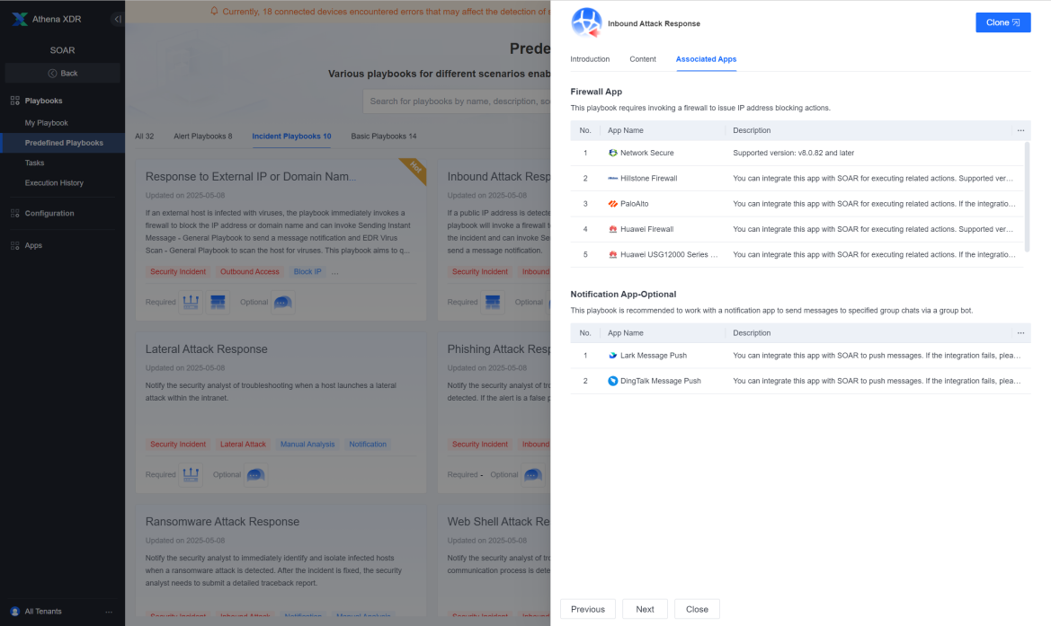 คลิก Playbook Inbound Attack Response แล้วกด Clone มุมขวาบน (แท็บ Associated Apps แสดงแอปที่ต้องใช้)