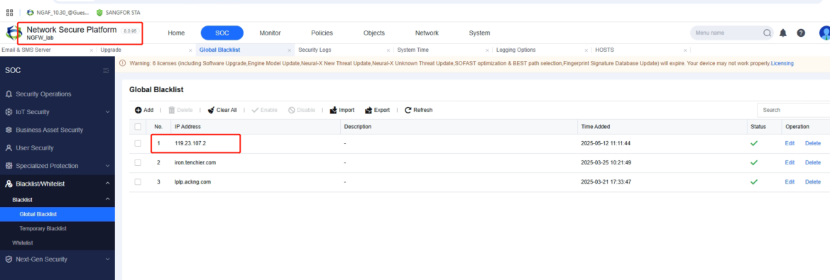 Network Secure บล็อก IP 119.23.107.2 ใน Global Blacklist สำเร็จ