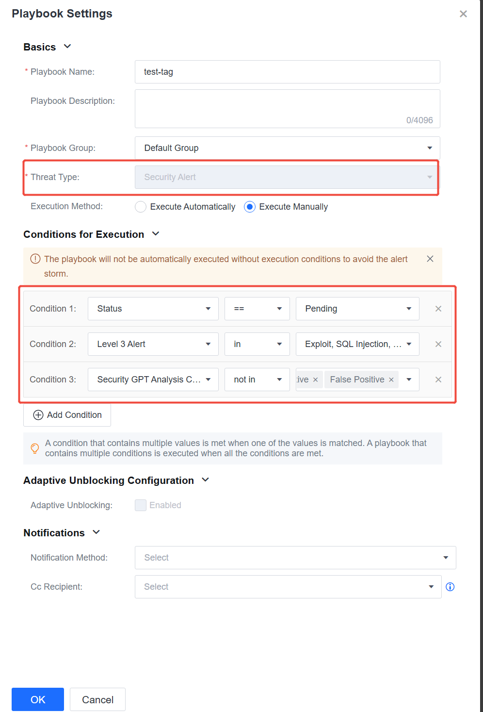 สร้าง custom playbook — Threat Type = Security Alert, เงื่อนไขอย่างน้อย status == pending