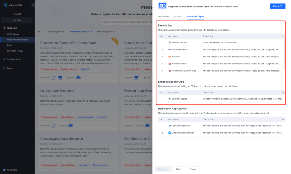 แท็บ Associated Apps — Playbook นี้ต้องใช้ Firewall App และ Endpoint Security App (Endpoint Secure)