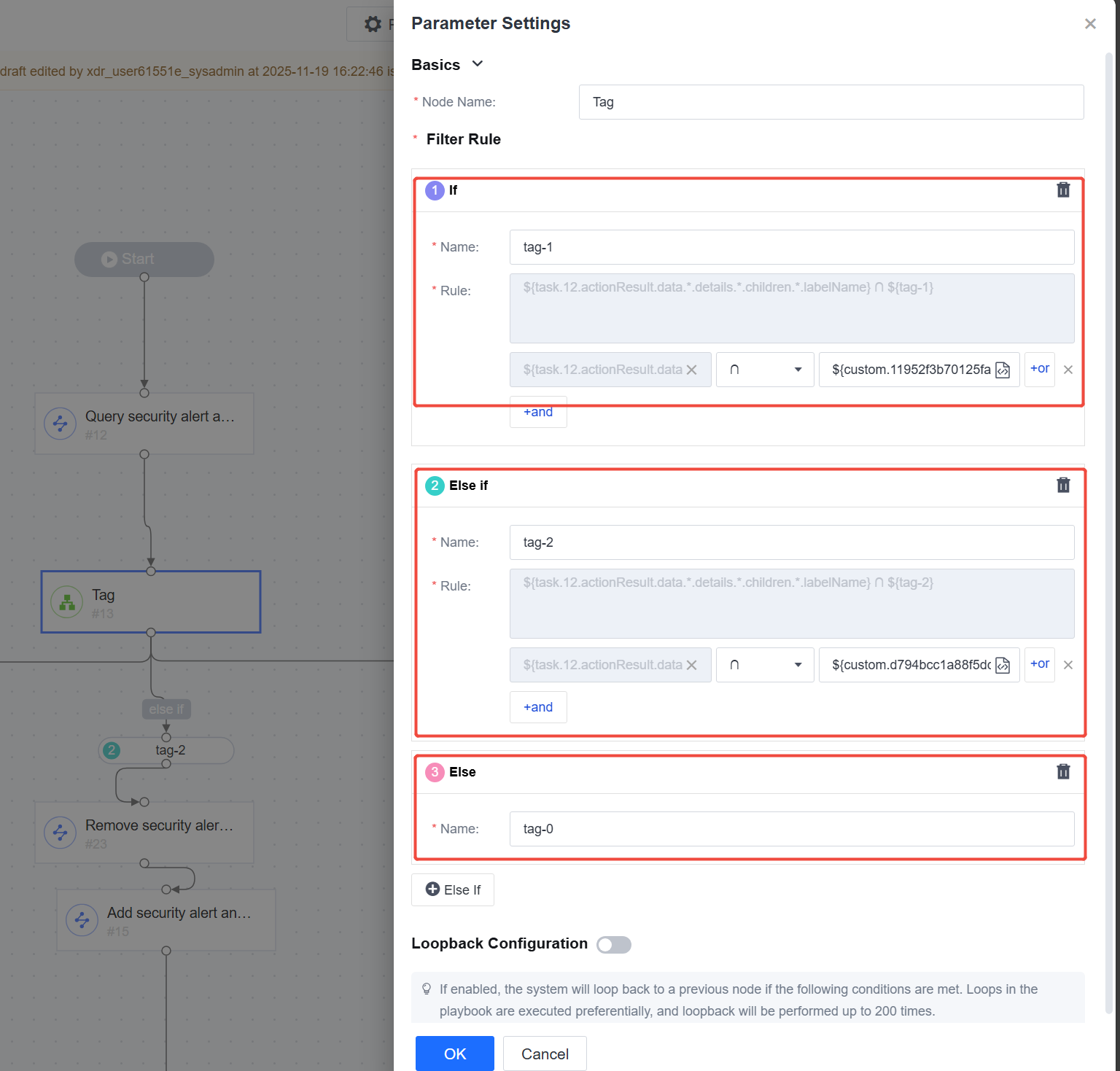 Action Node query security alert analysis tag เพื่อนำไปใช้ในขั้นถัดไป