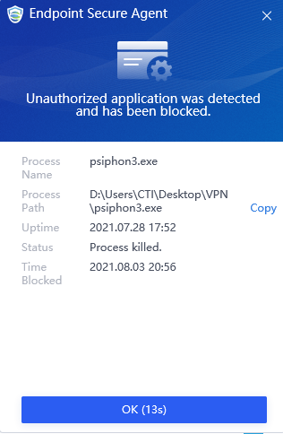 หน้าต่างแจ้งเตือนของ Endpoint Secure Agent แสดงว่า psiphon3.exe ถูกตรวจพบและถูก Block (Process killed)