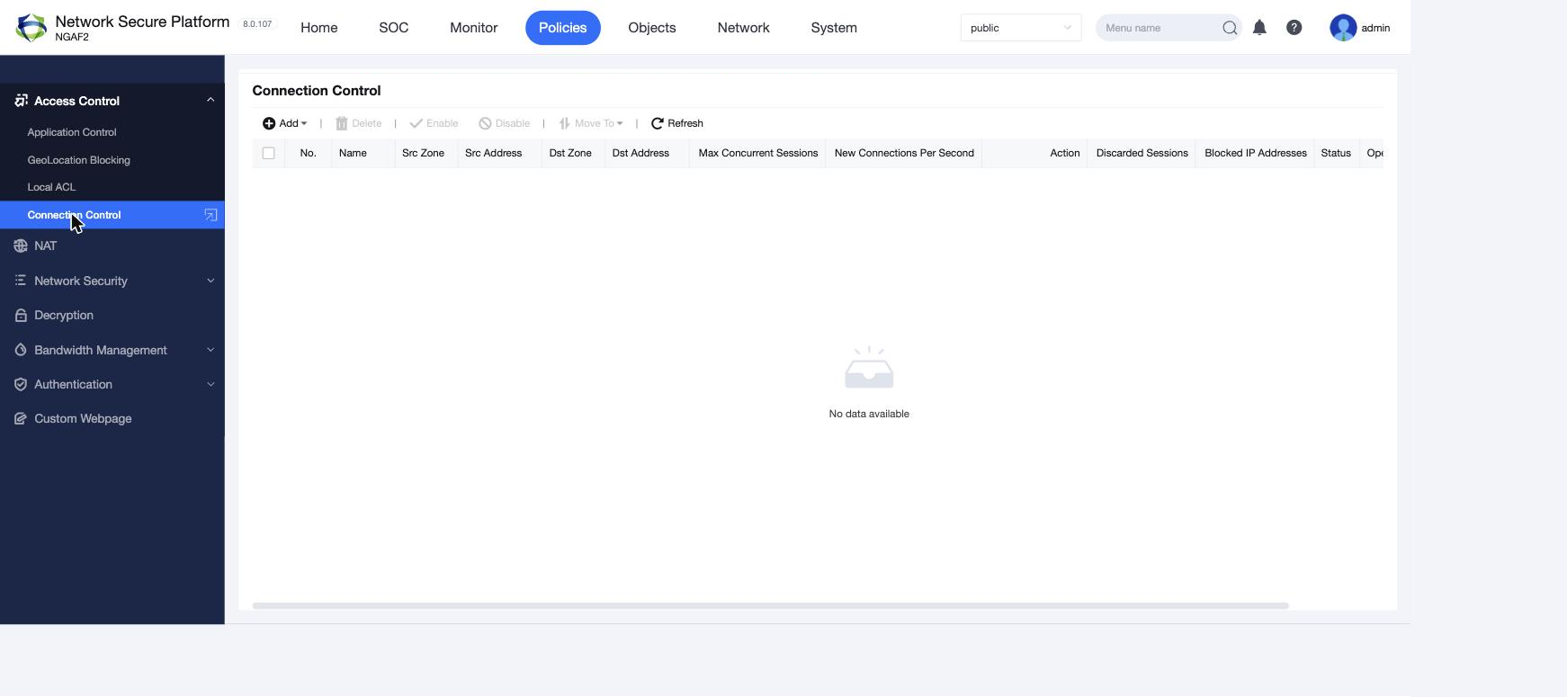หน้า Policies > Access Control > Connection Control บน NGFW 8.0.107