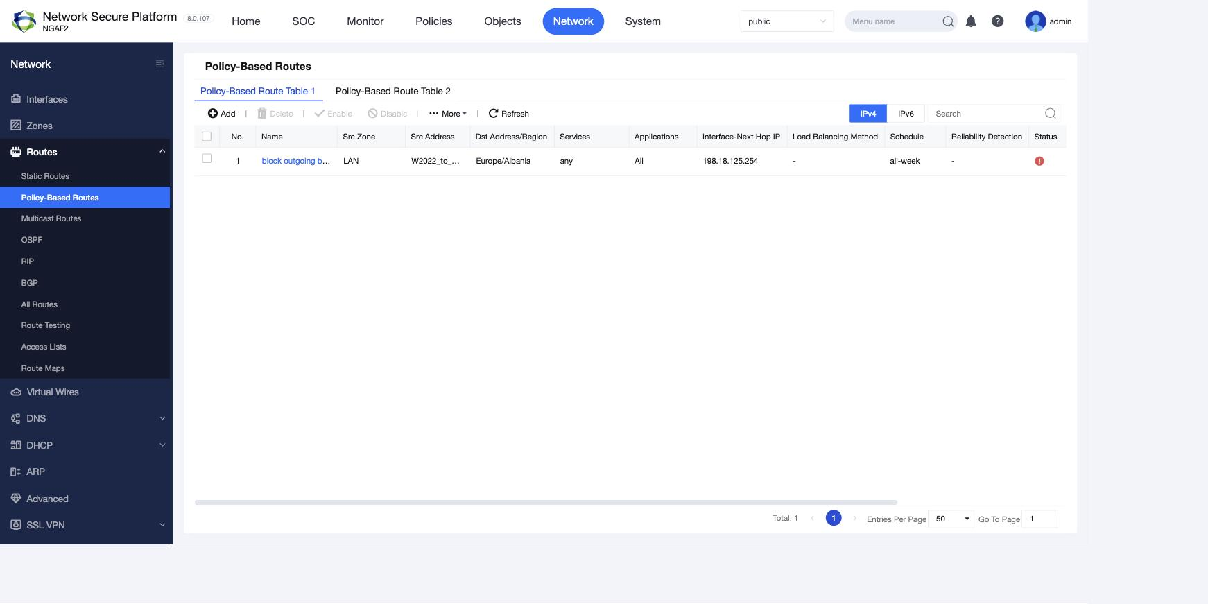 หน้า Network > Routes > Policy-Based Routes บน NGFW 8.0.107