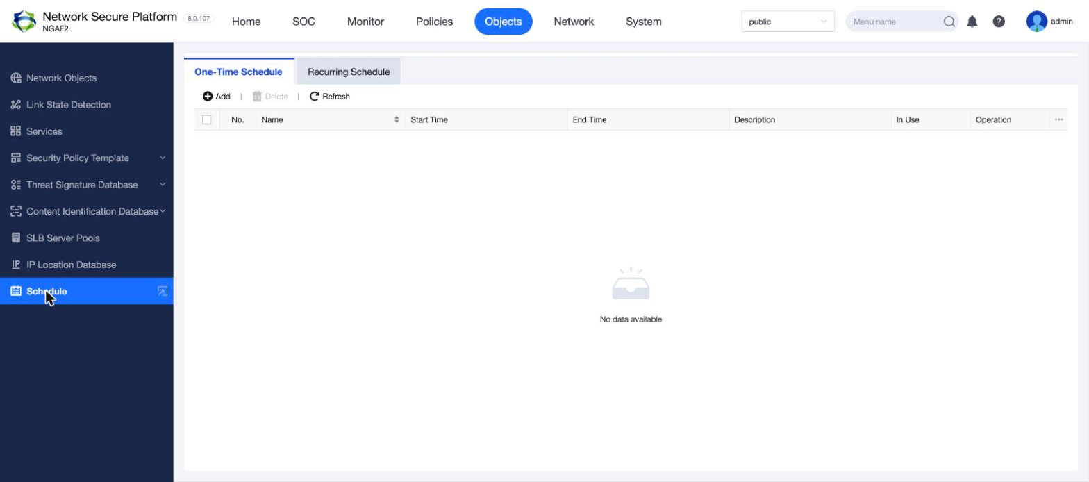หน้า Objects > Schedule (One-Time / Recurring Schedule) บน NGFW 8.0.107