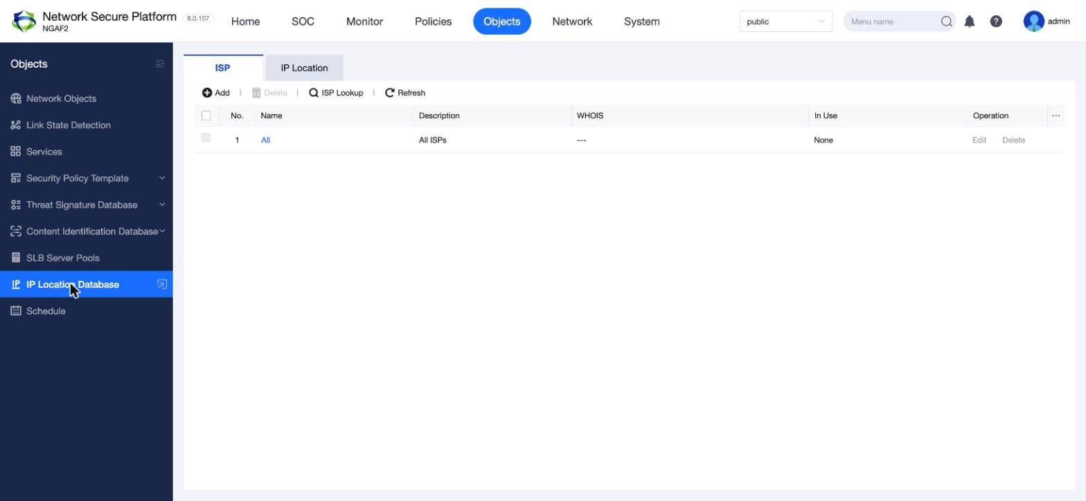 หน้า Objects > IP Location Database (แท็บ ISP / IP Location) บน NGFW 8.0.107