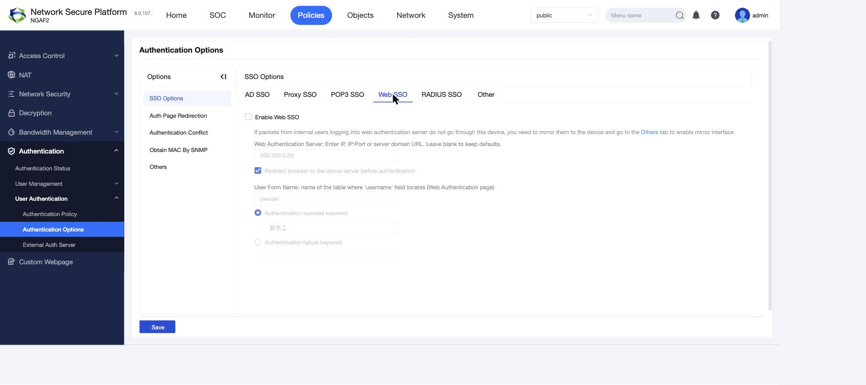 แท็บ SSO Options > Web SSO บนหน้า Authentication Options (NGFW 8.0.107)