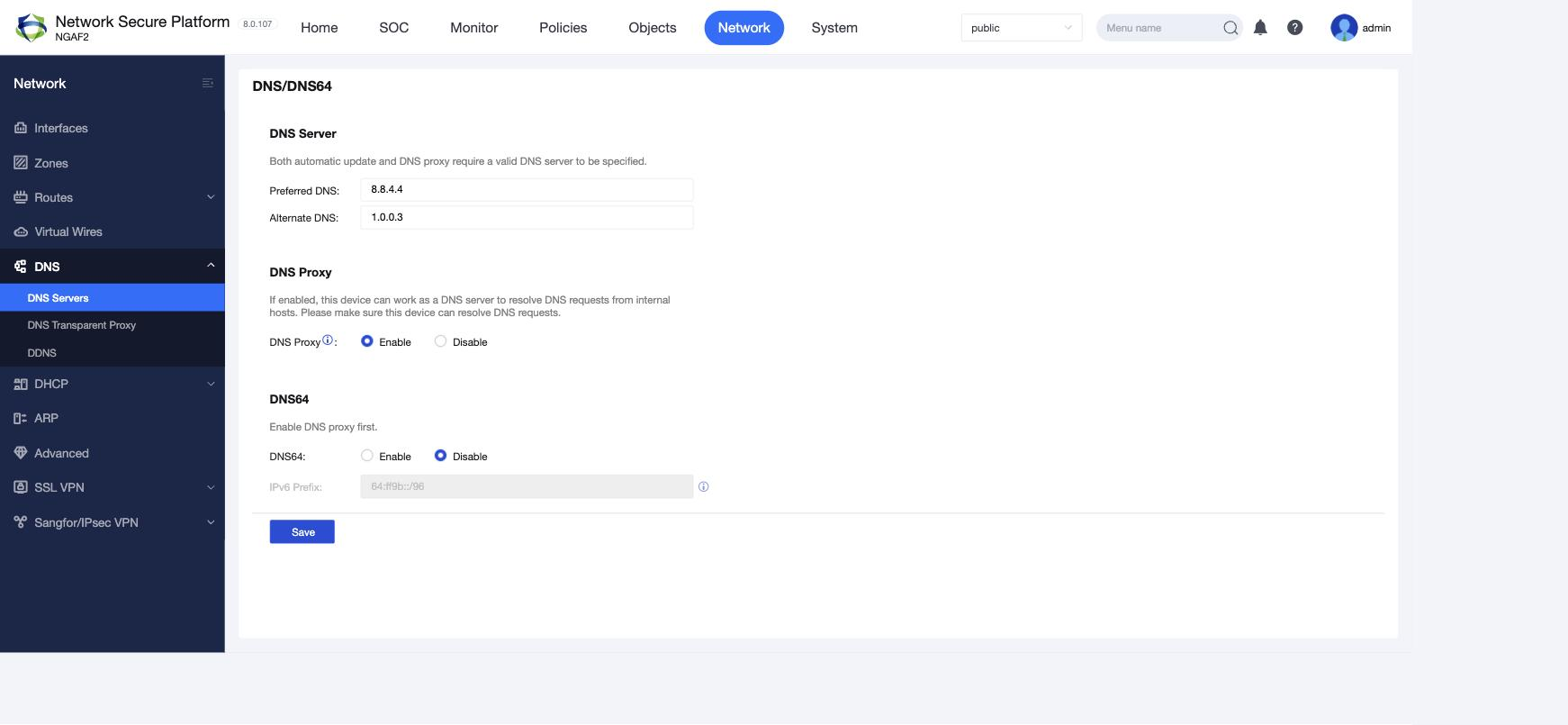 หน้า Network > DNS > DNS Servers บน NGFW 8.0.107
