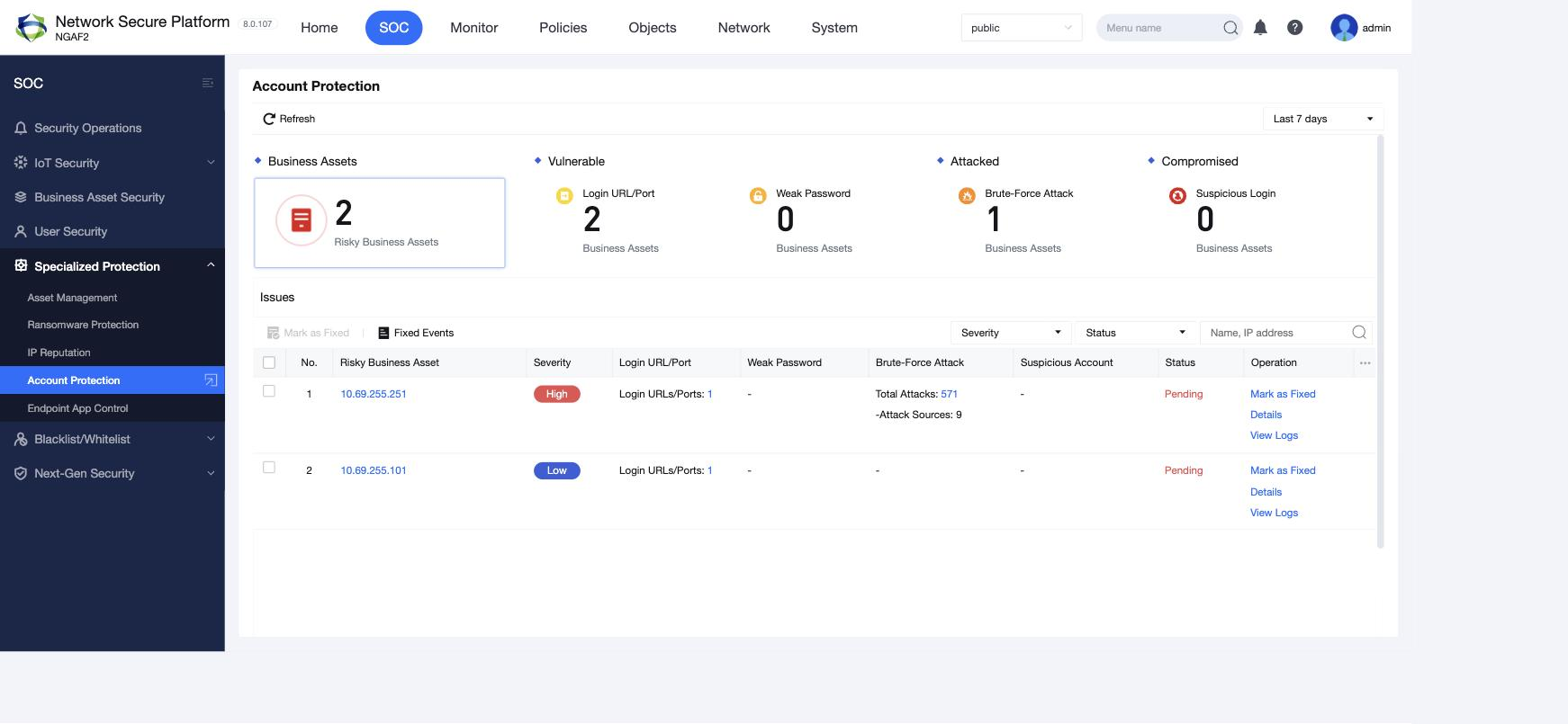 หน้า SOC > Specialized Protection > Account Protection บน NGFW 8.0.107