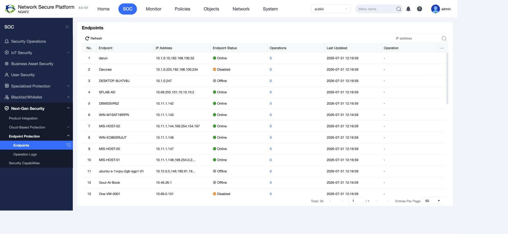 หน้า SOC > Next-Gen Security > Endpoint Protection > Endpoints บน NGFW 8.0.107