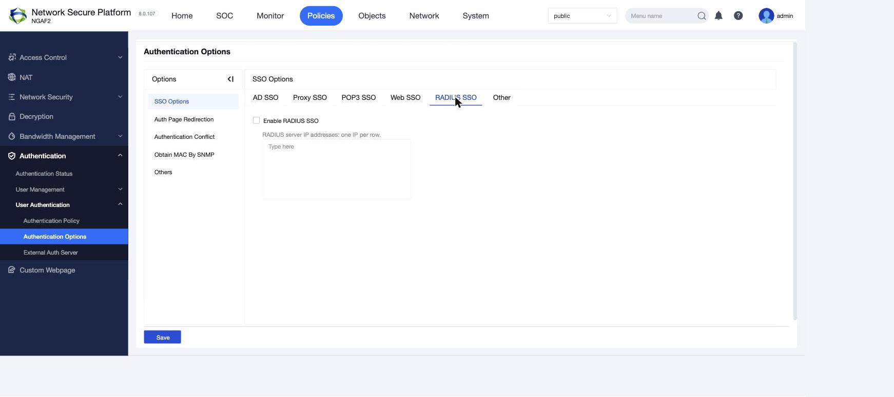 แท็บ SSO Options > RADIUS SSO บนหน้า Authentication Options (NGFW 8.0.107)