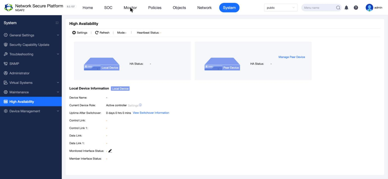 หน้า System > High Availability บน NGFW 8.0.107