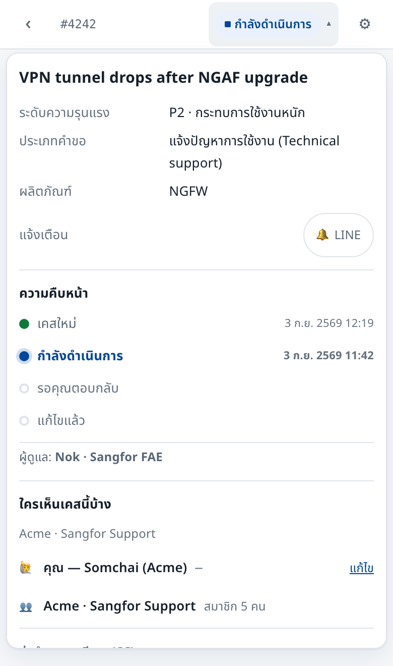 แผงรายละเอียดเคส: การแจ้งเตือน ความคืบหน้า และผู้ที่เห็นเคส