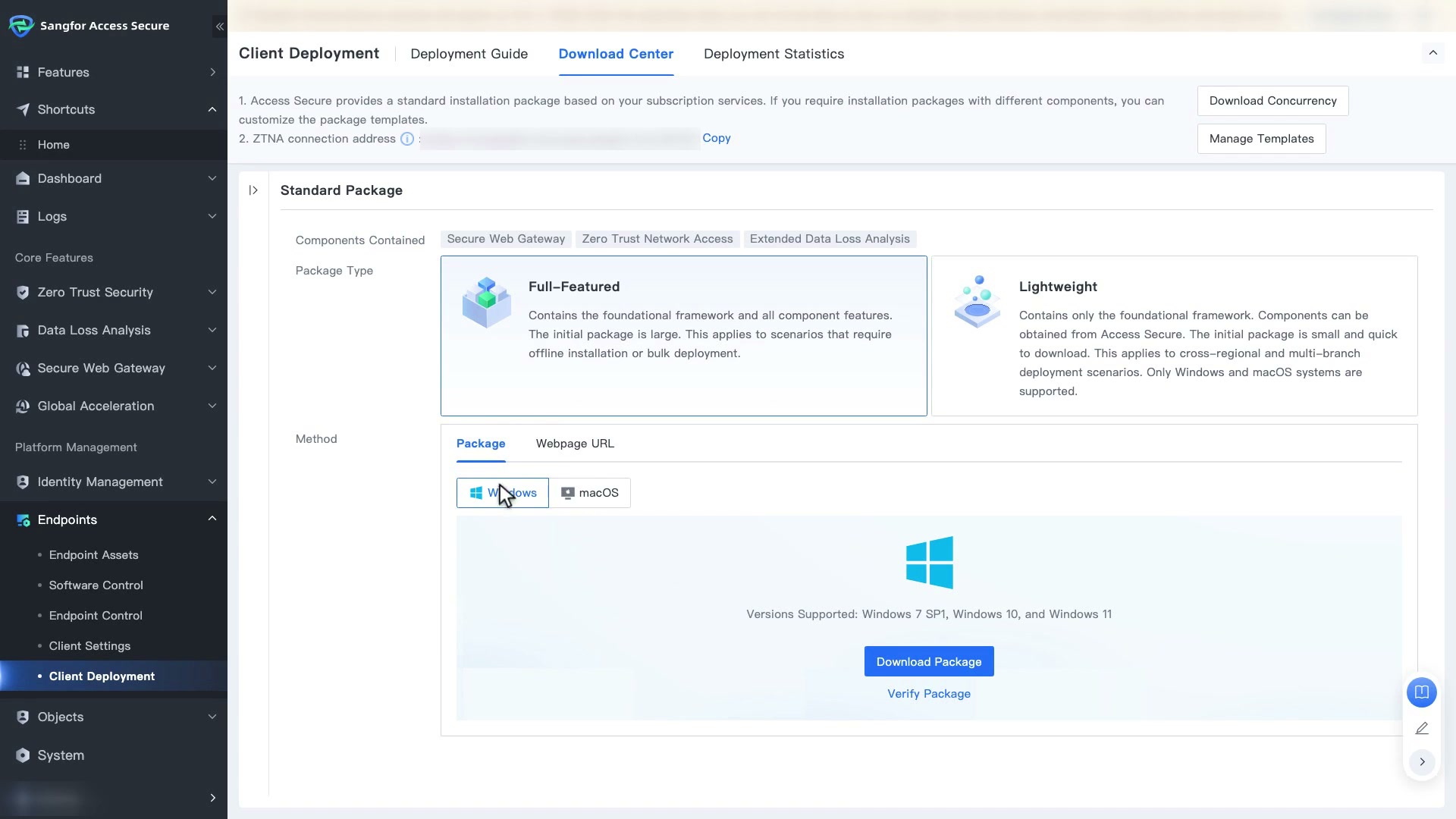 Client Deployment แท็บ Download Center