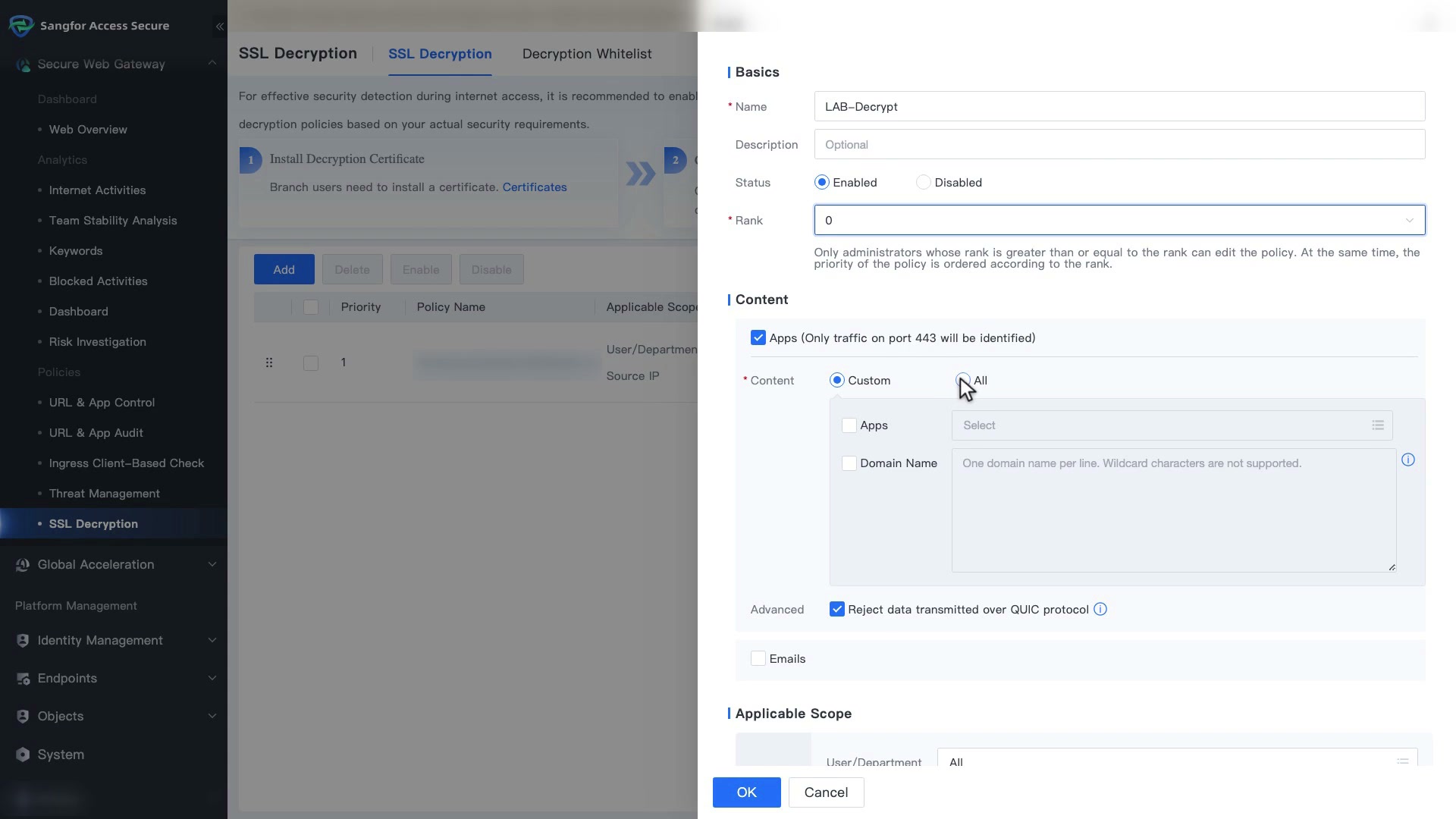 ฟอร์ม SSL Decryption Policy
