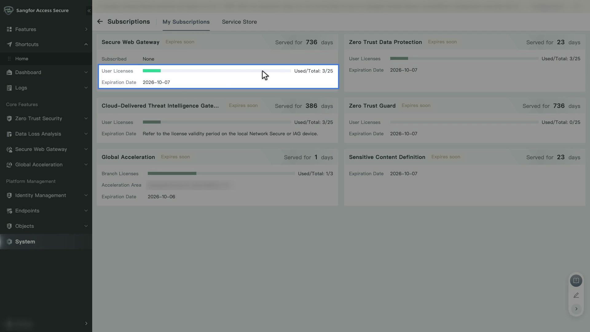 หน้า Subscriptions แท็บ My Subscriptions