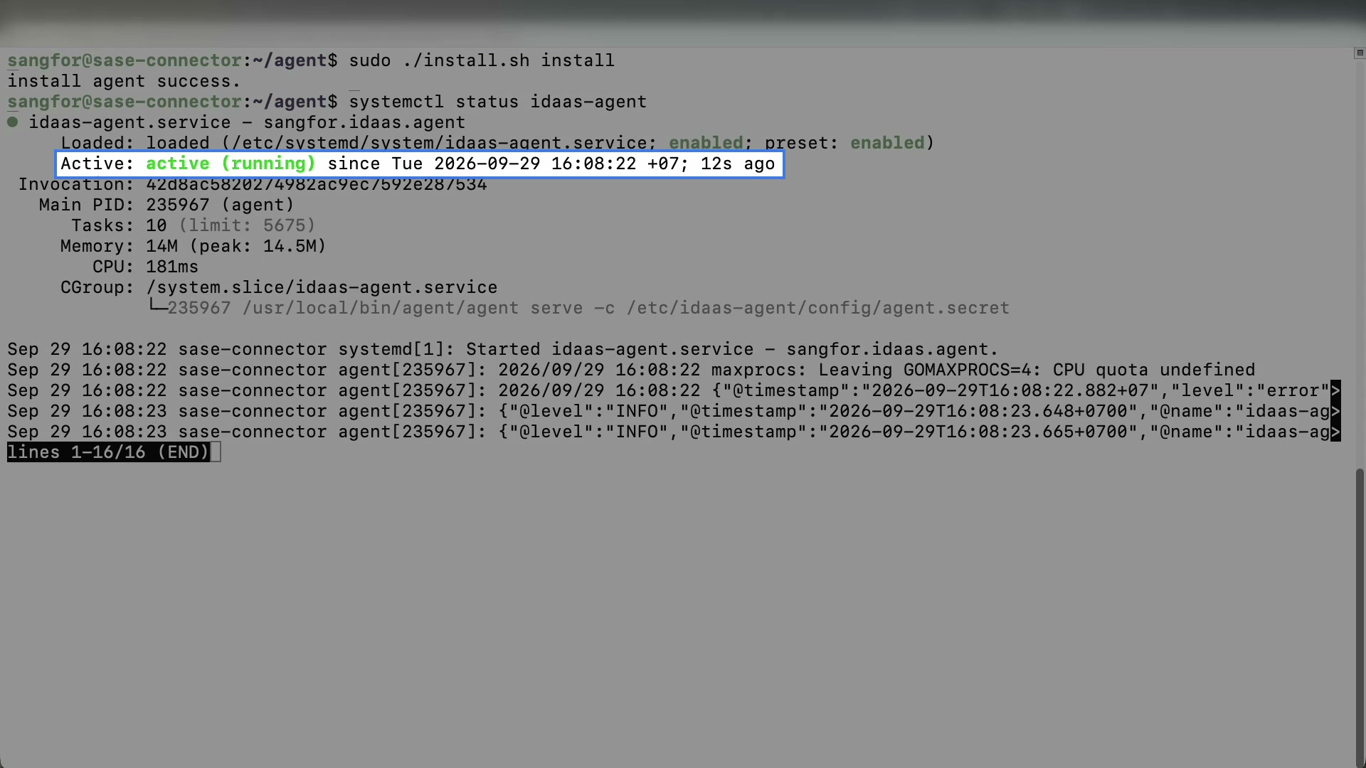 ผลคำสั่ง systemctl status idaas-agent
