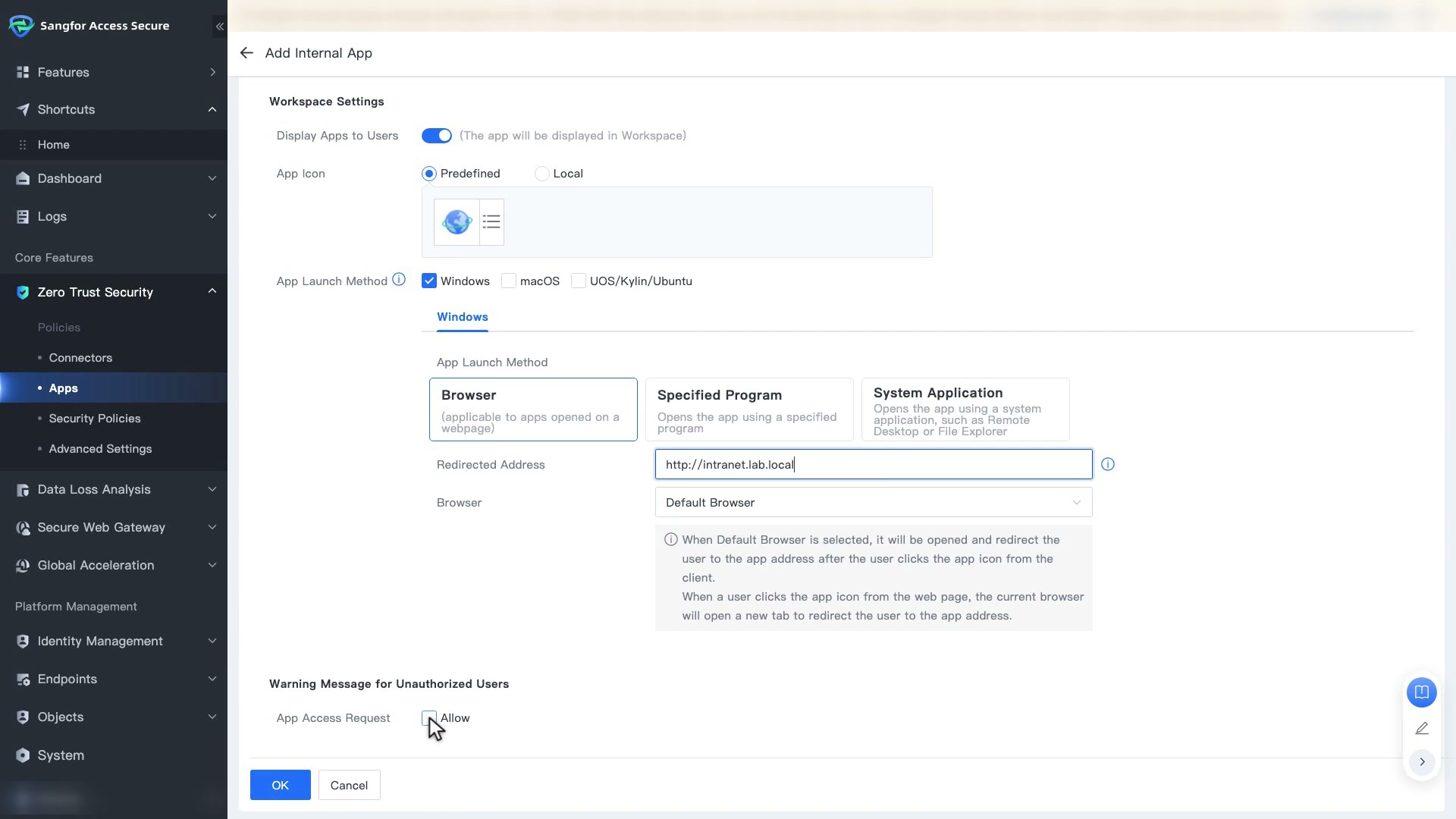 แท็บ Personalized: App Launch Method แบบ Browser