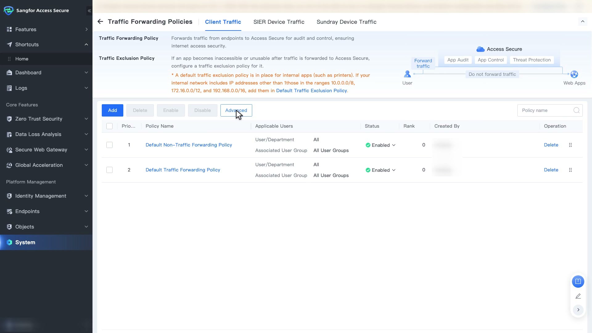 Traffic Forwarding Policies แท็บ Client Traffic