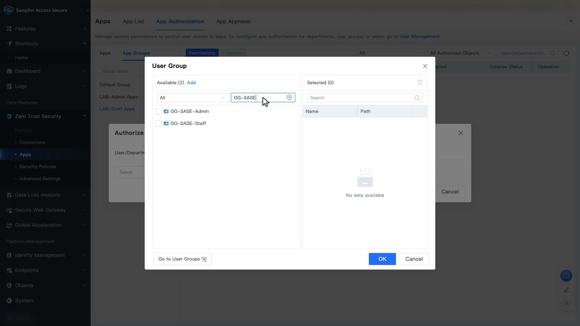 App Authorization เลือก User Group