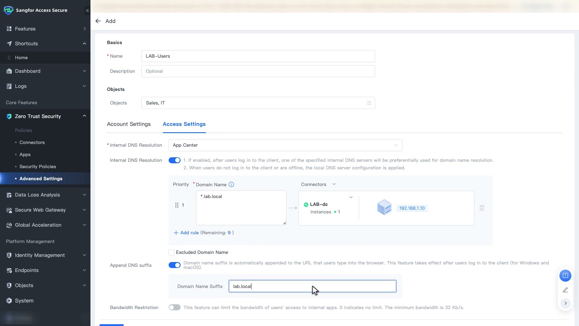 User Policy: Internal DNS Resolution และ Append DNS suffix