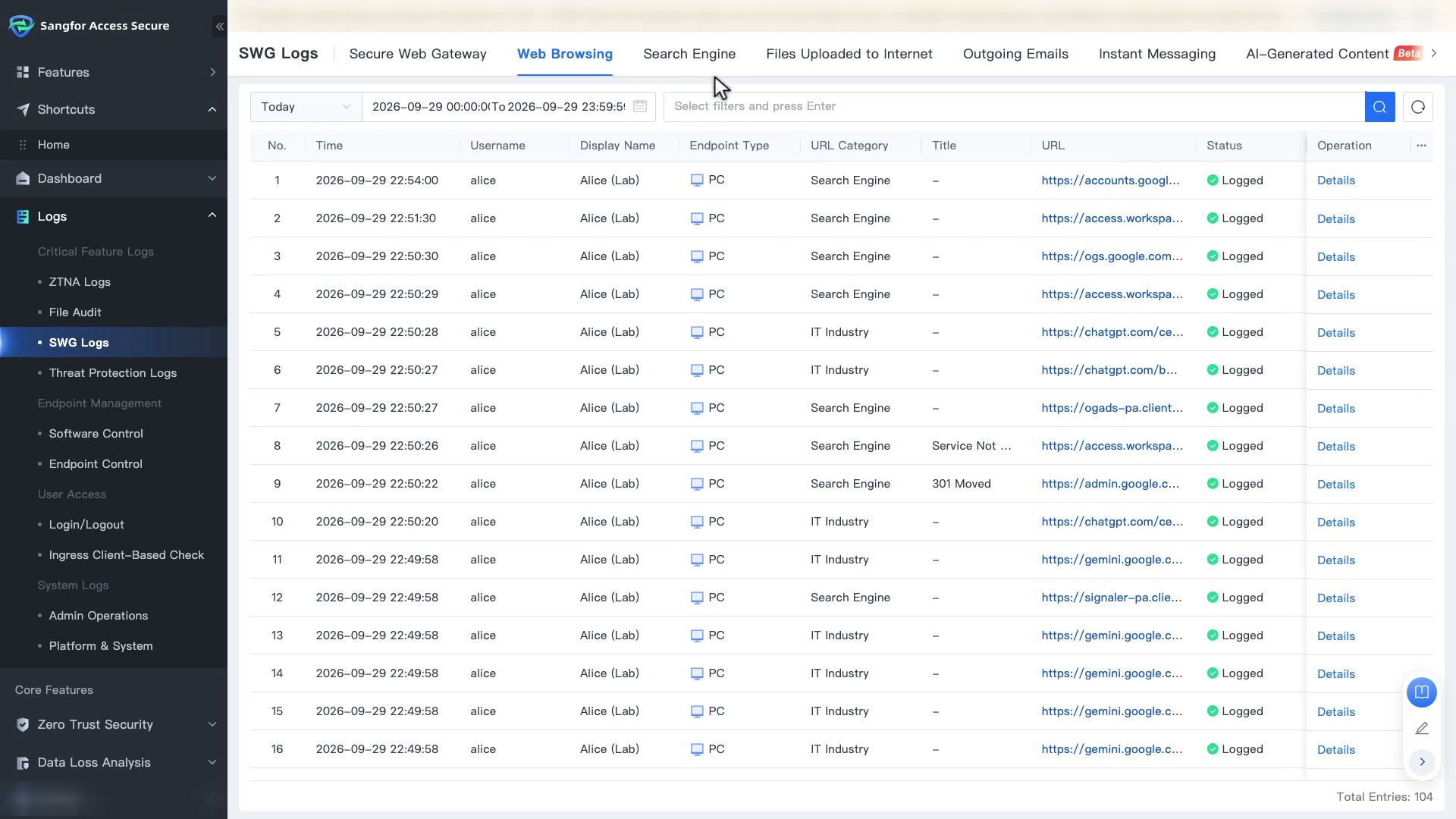 SWG Logs แท็บ Web Browsing