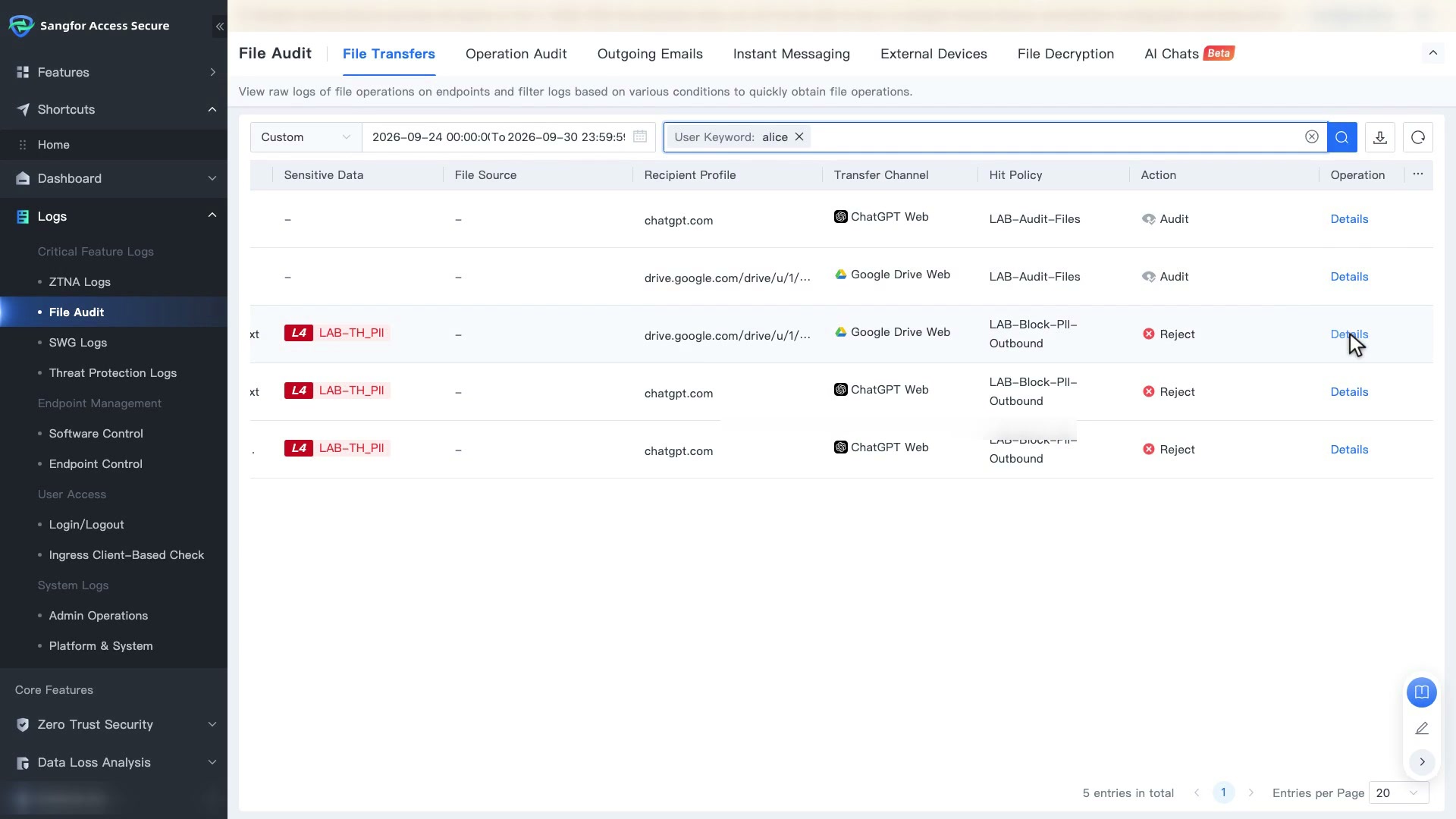 File Audit แท็บ File Transfers