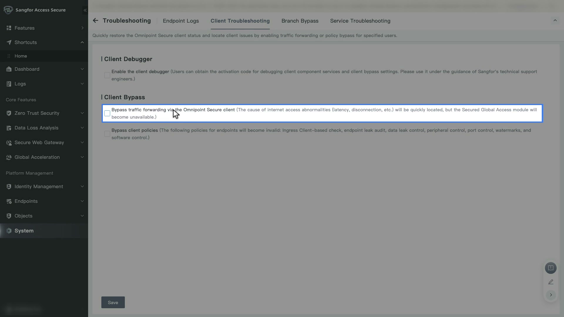 Troubleshooting แท็บ Client Troubleshooting