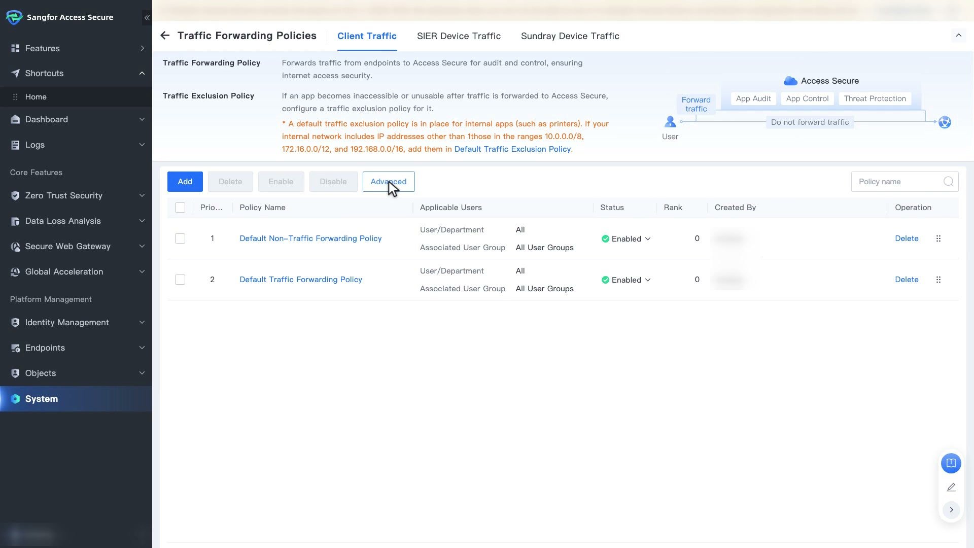 Traffic Forwarding Policies แท็บ Client Traffic