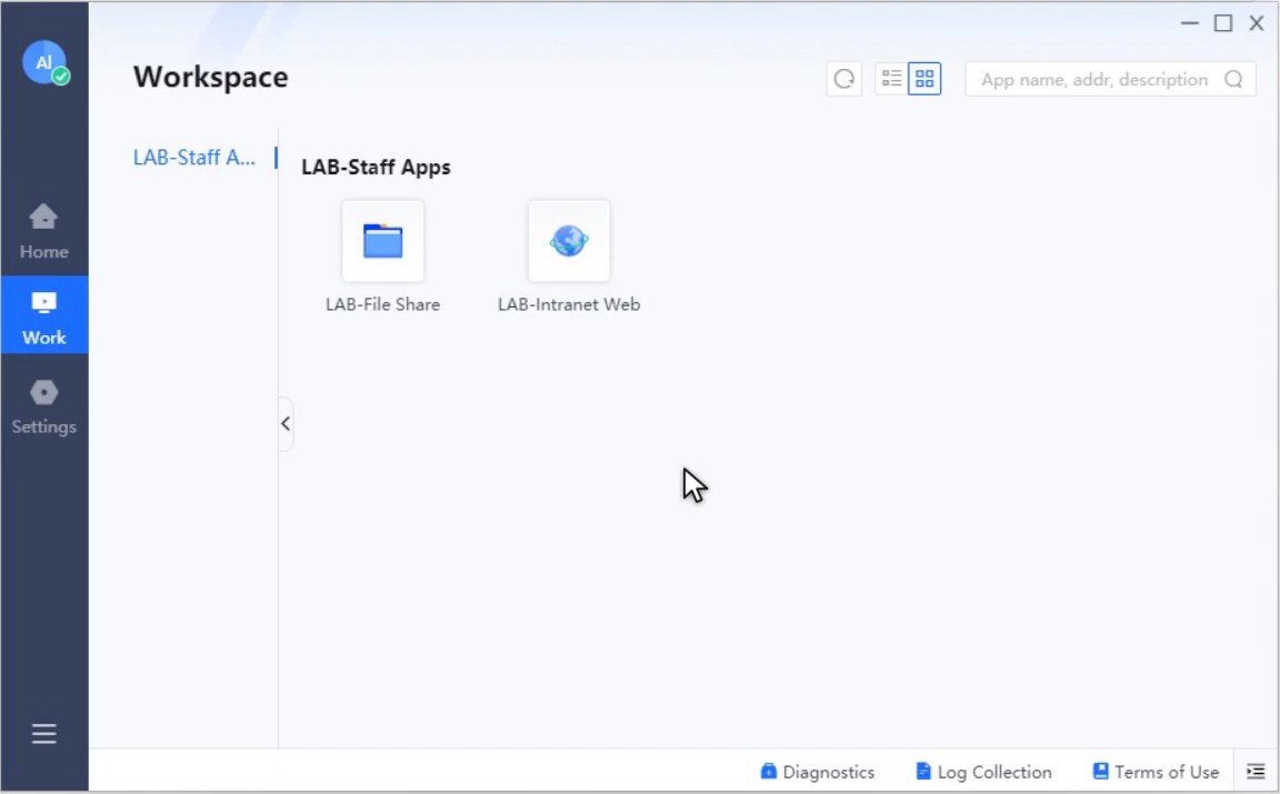 หน้า Workspace แสดงหมวด App และ App ภายในที่ผู้ใช้ได้รับสิทธิ์ พร้อมแถบ Diagnostics, Log Collection และ Terms of Use ด้านล่าง