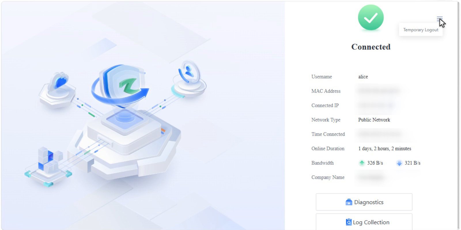 หน้าสถานะ 127.0.0.1:30001 แสดง Connected และเมนู Temporary Logout ที่มุมขวาบน