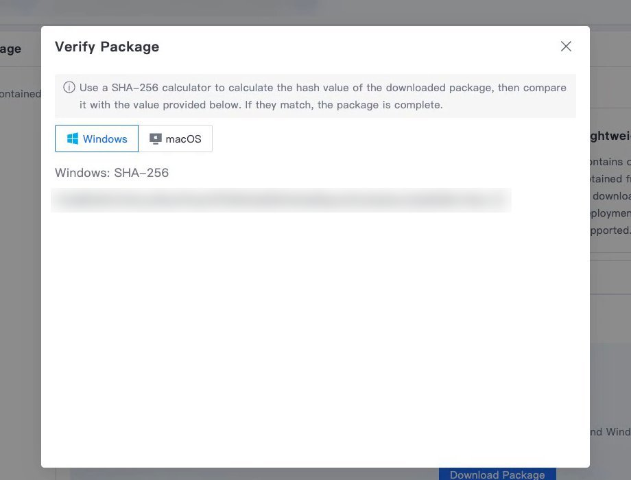 หน้าต่าง Verify Package แสดงค่า SHA-256 ของ Package สำหรับ Windows