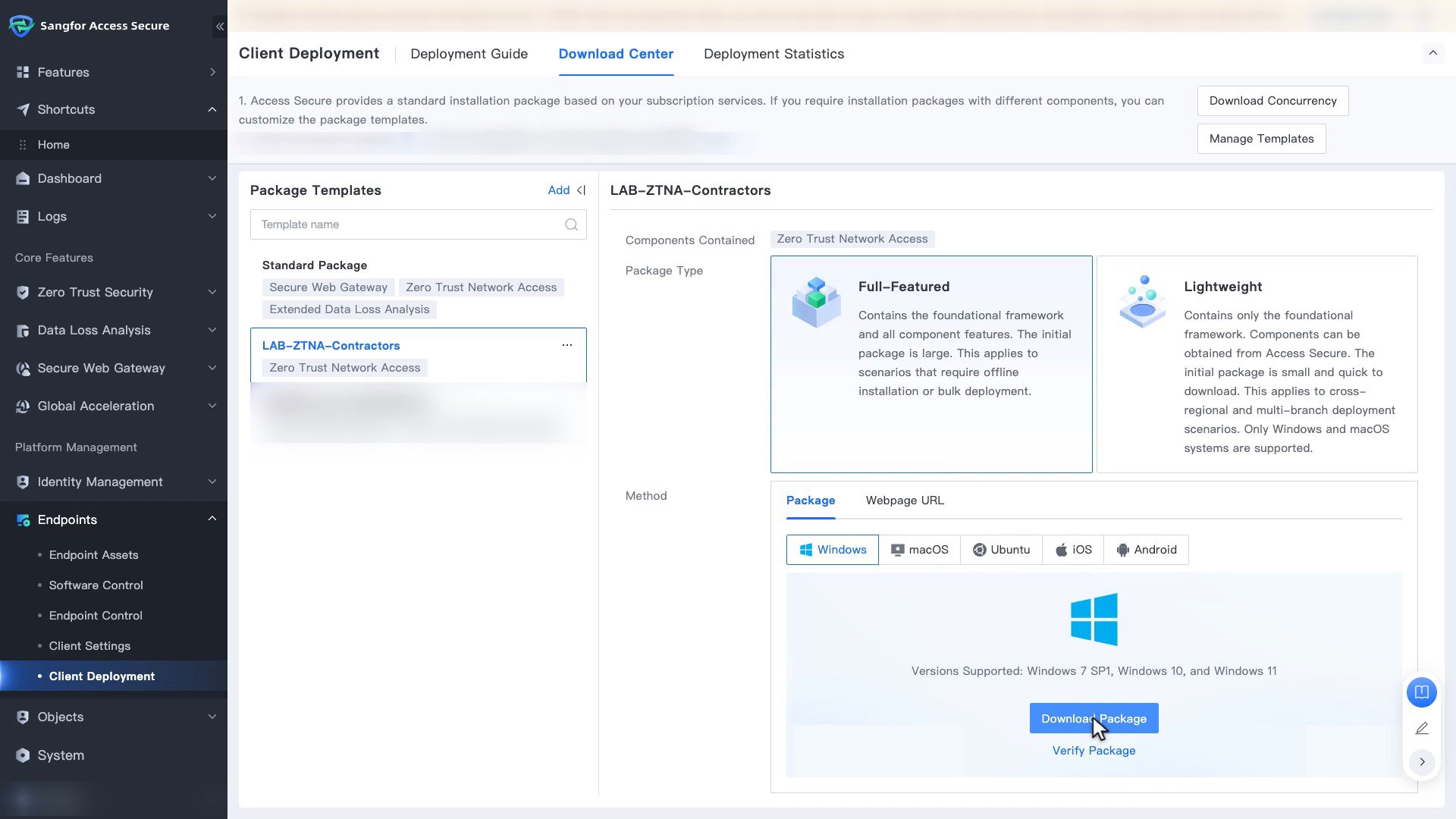 Template ที่มีเฉพาะ Zero Trust Network Access แสดงแท็บ Windows, macOS, Ubuntu, iOS และ Android
