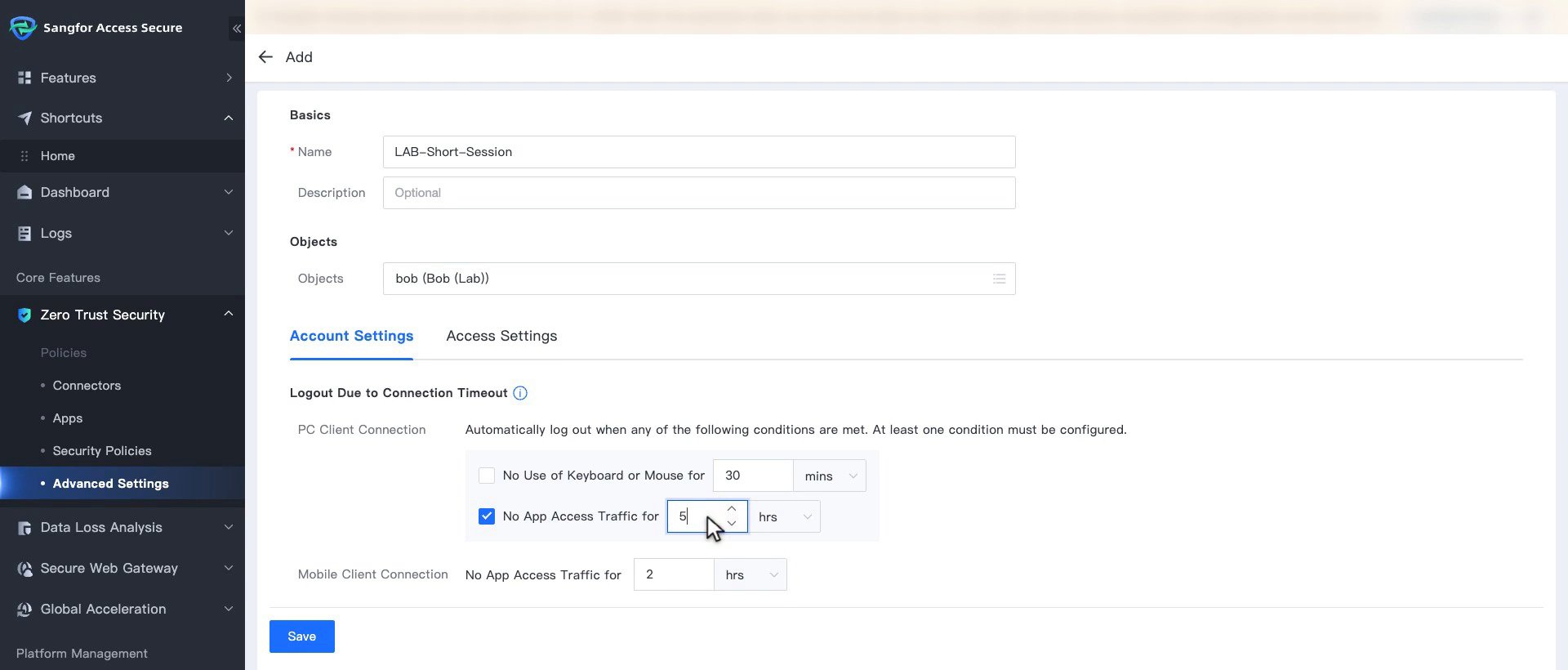หน้า User Policy แท็บ Account Settings แสดง PC Client Connection และ Mobile Client Connection ในหัวข้อ Logout Due to Connection Timeout