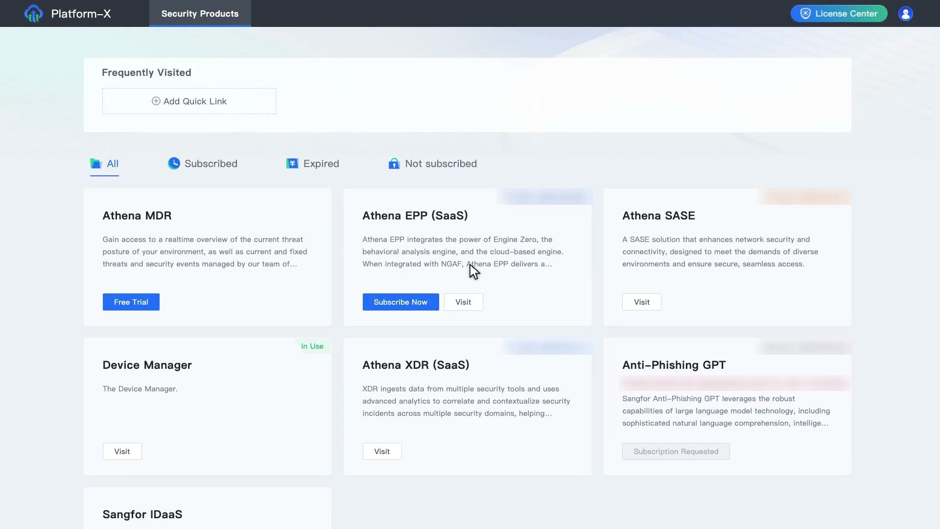 หน้า Security Products ของ Platform-X และการ์ด Athena SASE