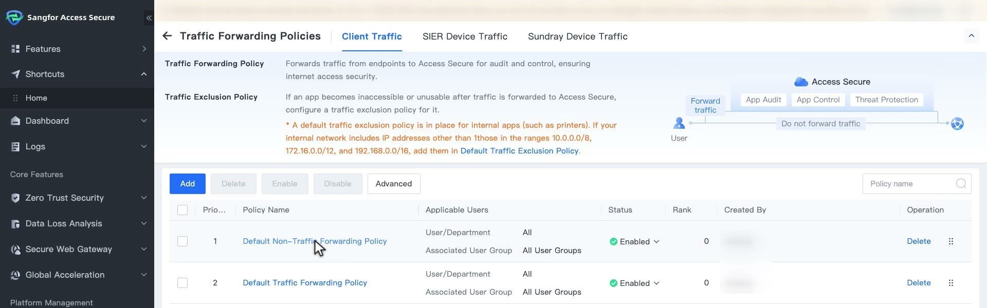 หน้า Traffic Forwarding Policies แท็บ Client Traffic