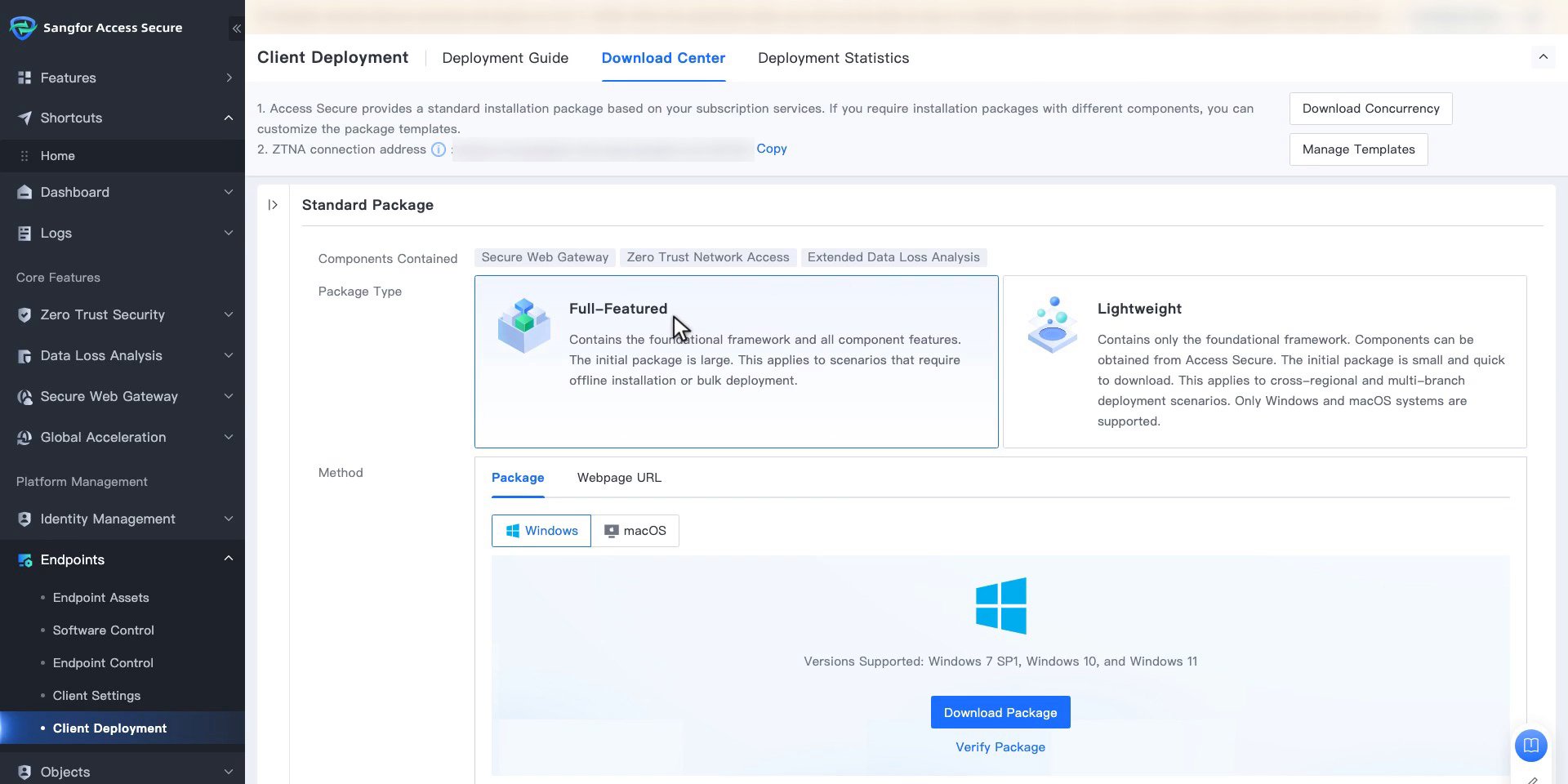 หน้า Download Center แสดง Standard Package, Package Type แบบ Full-Featured และ Lightweight และปุ่ม Download Package